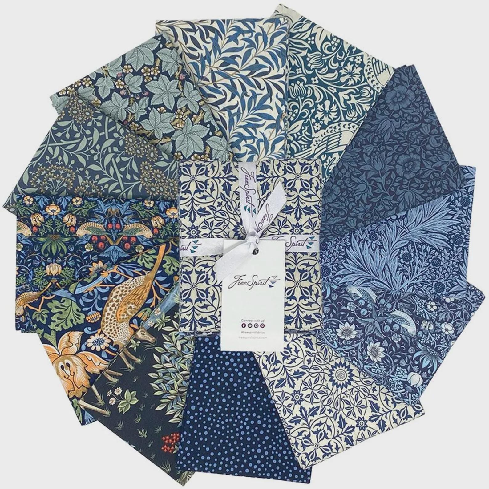 Delft Saturday Stash 12 Fat quarter Pack FB4FQWM.delft Morris & Co. by FreeSpirit 100% quilting Cotton pre- cut