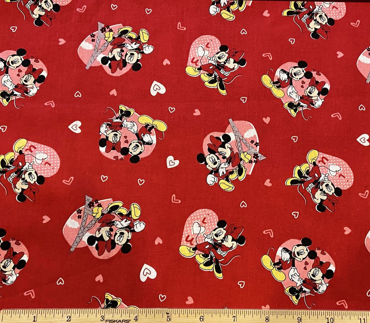 Disney Mickey and Minnie Paris love Valentines Kissing Red  cotton fabric fat quarter half yard one yard