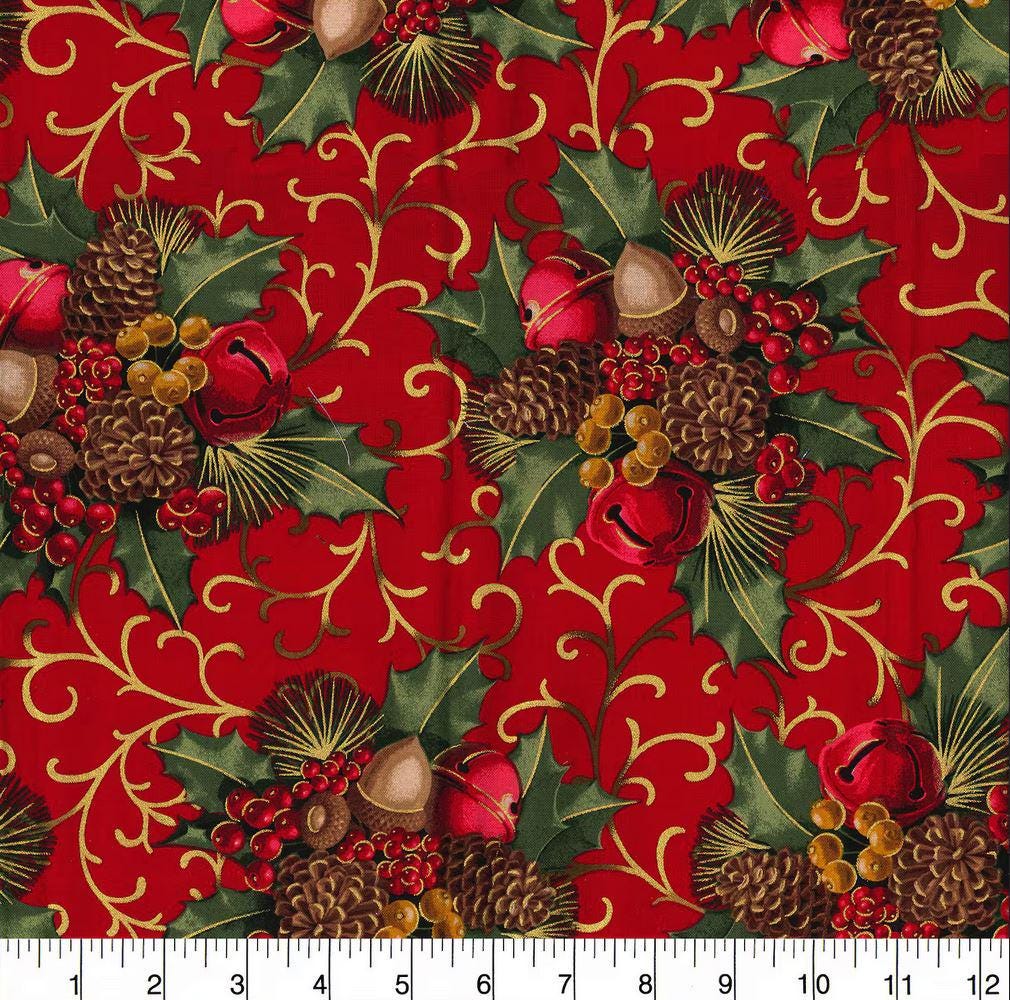 Fabric Traditions Christmas Red Glitter Berries & Bells glitter Christmas 100% cotton fabric