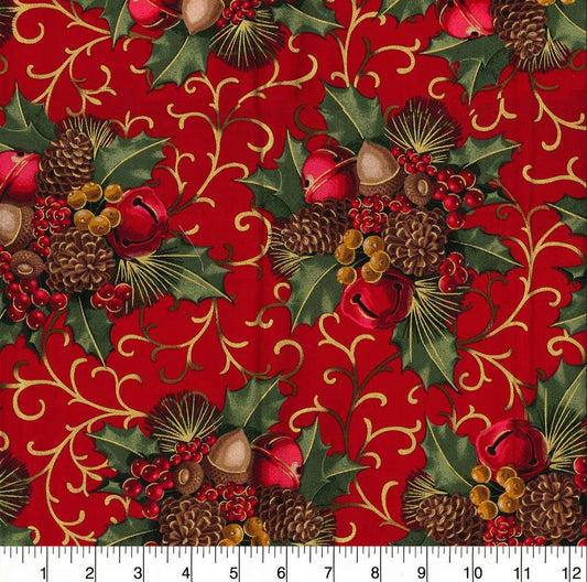 Fabric Traditions Christmas Red Glitter Berries & Bells glitter Christmas 100% cotton fabric