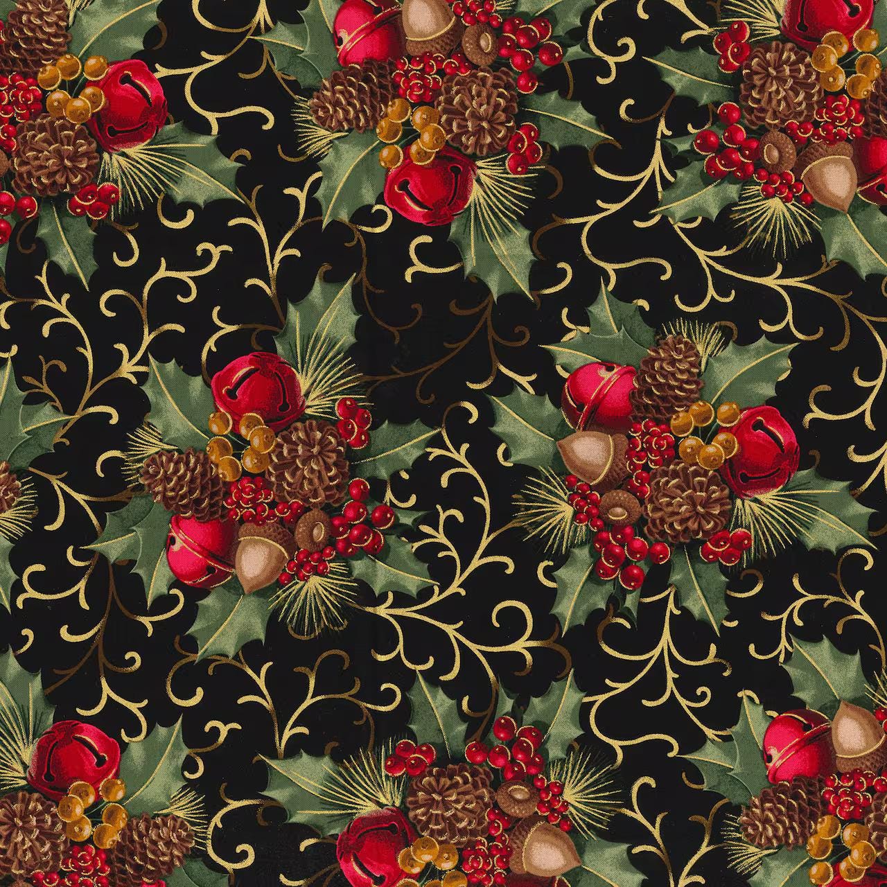 Fabric Traditions Christmas black Glitter Berries & Bells glitter Christmas 100% cotton fabric