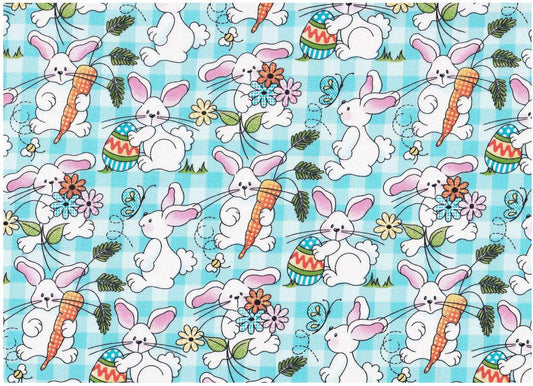 Fabric Traditions Easter 17922-B Patty Reed Bunnies on Teal Plaid Cotton Fabric 100% cotton