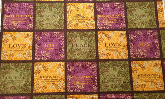 Fruit of spirit 24"x44" panel love joy peace patience  goodness kindness faithfulness Cotton quilting Fabric 7.5" square 100% Cotton fabric