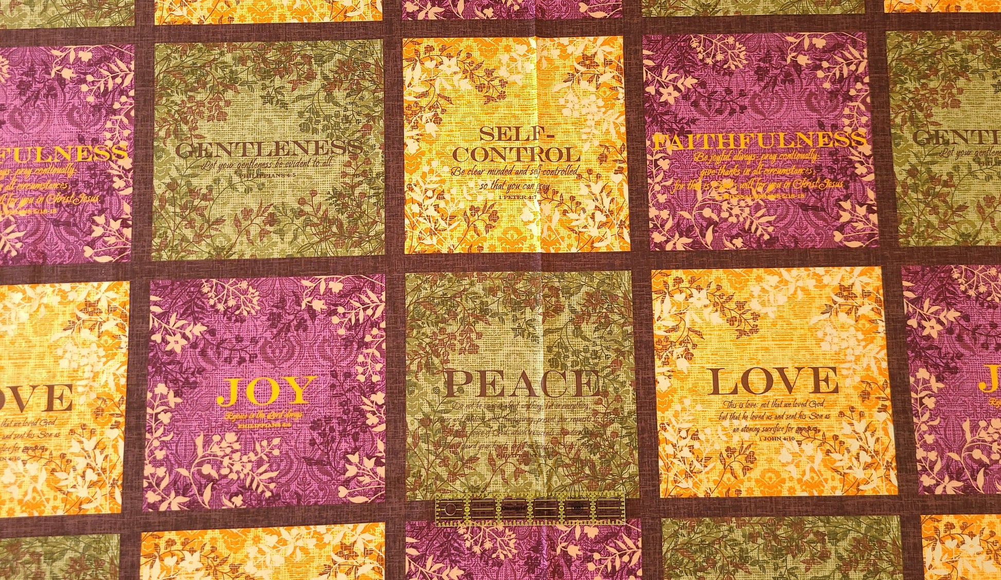Fruit of spirit 24"x44" panel love joy peace patience  goodness kindness faithfulness Cotton quilting Fabric 7.5" square 100% Cotton fabric