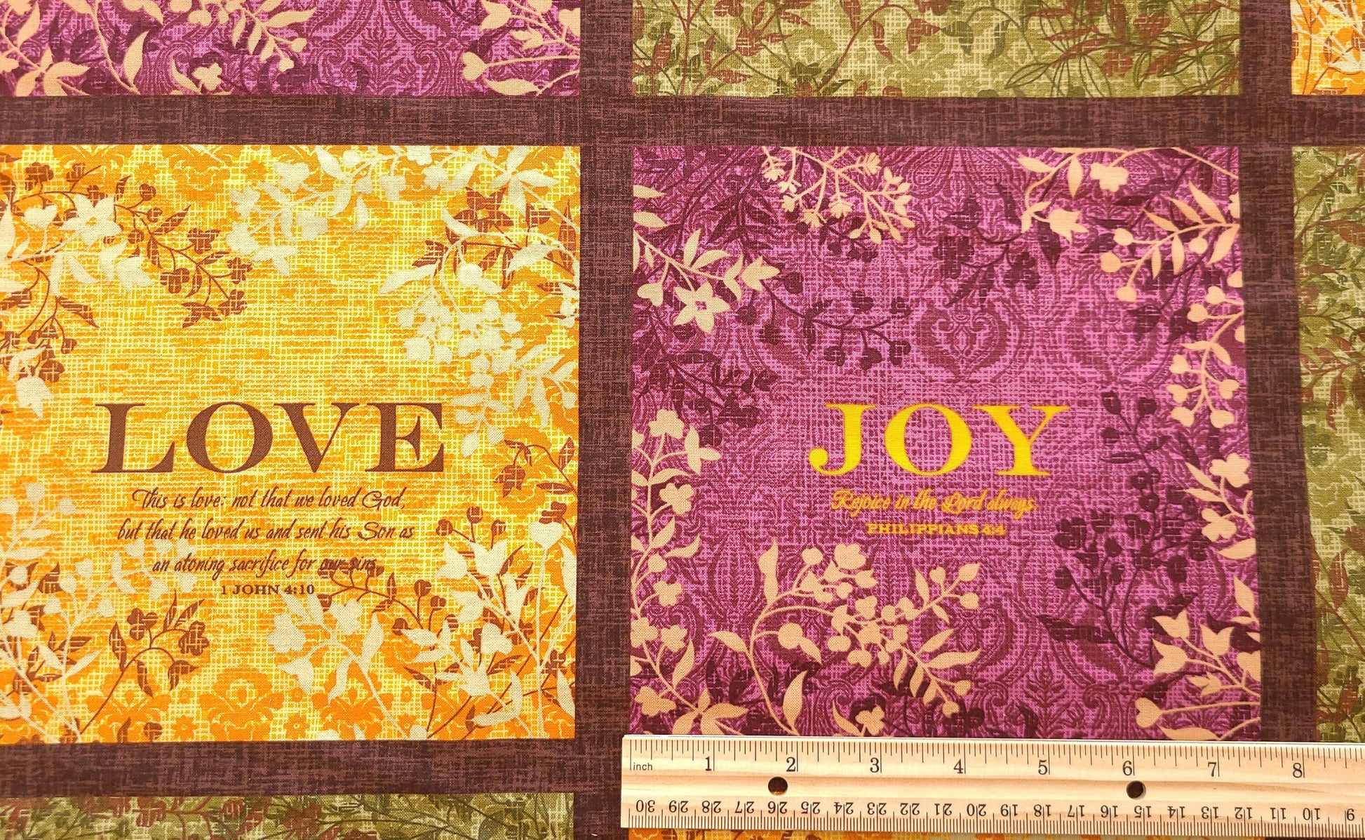 Fruit of spirit 24"x44" panel love joy peace patience  goodness kindness faithfulness Cotton quilting Fabric 7.5" square 100% Cotton fabric