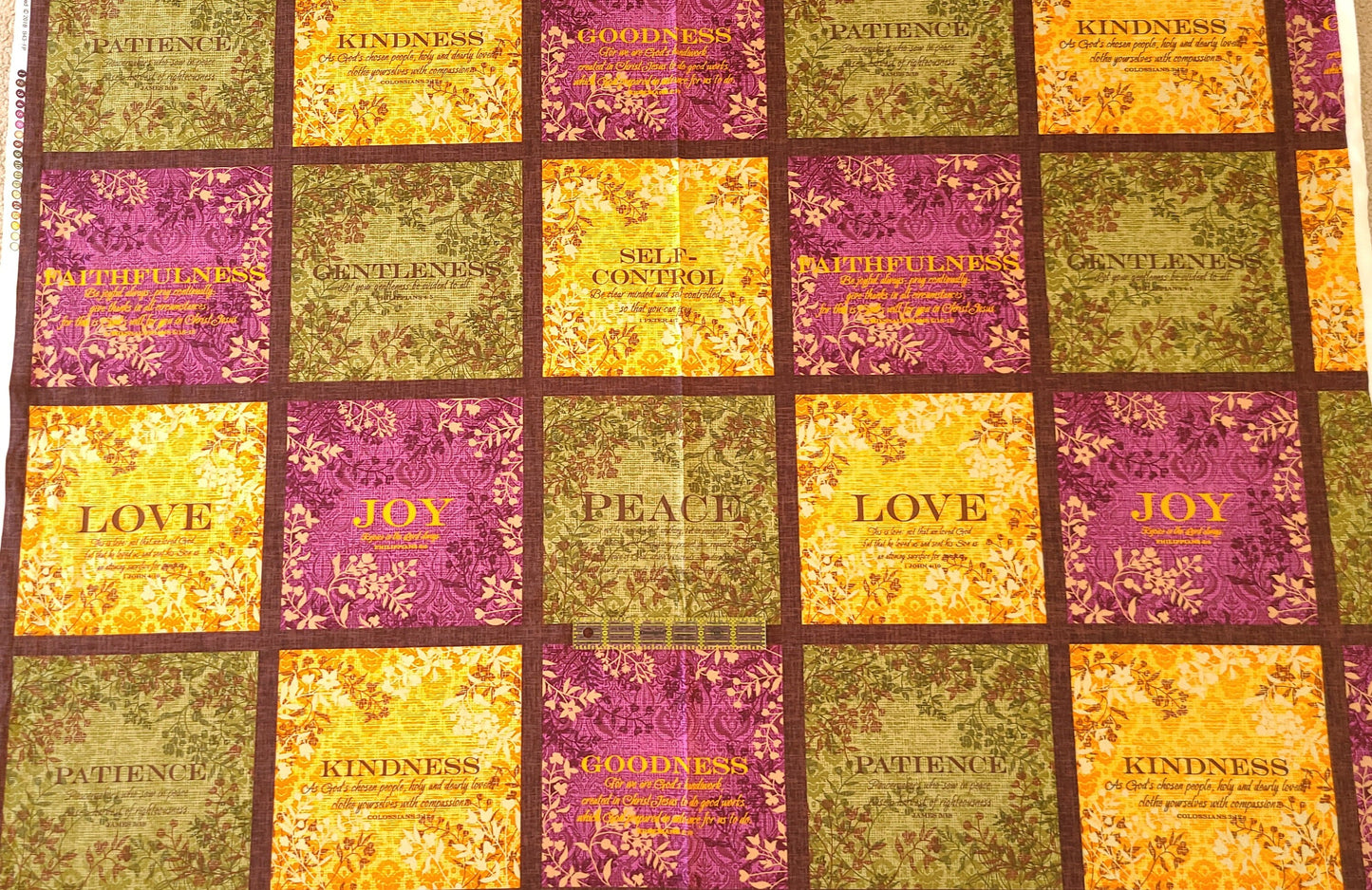 Fruit of spirit 24"x44" panel love joy peace patience  goodness kindness faithfulness Cotton quilting Fabric 7.5" square 100% Cotton fabric