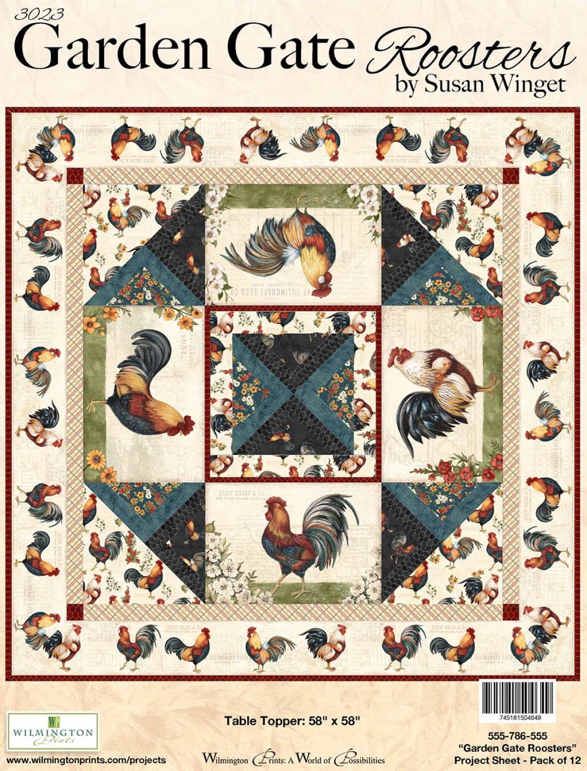Garden Gate Roosters by Susan Winget  Cream Feather Texture # 39817-122  From Wilmington Prints 100% cotton fabric