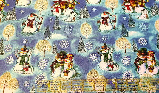 Happy snowman family on blue Cotton Fabric
