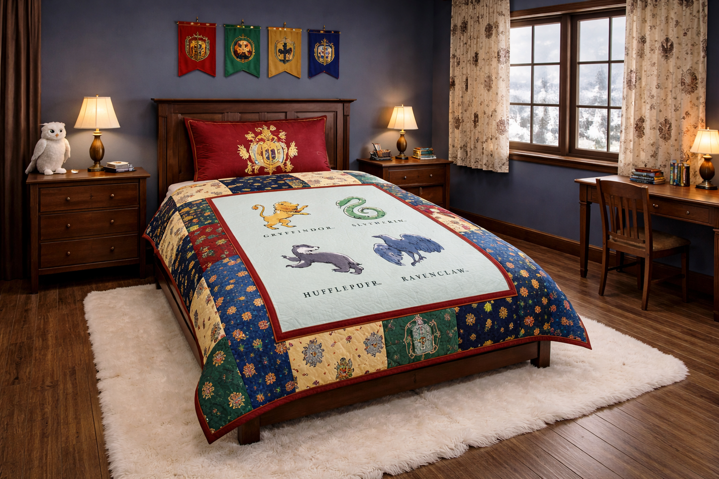 Bedroom with a themed quilt featuring Harry Potter characters on a bed.