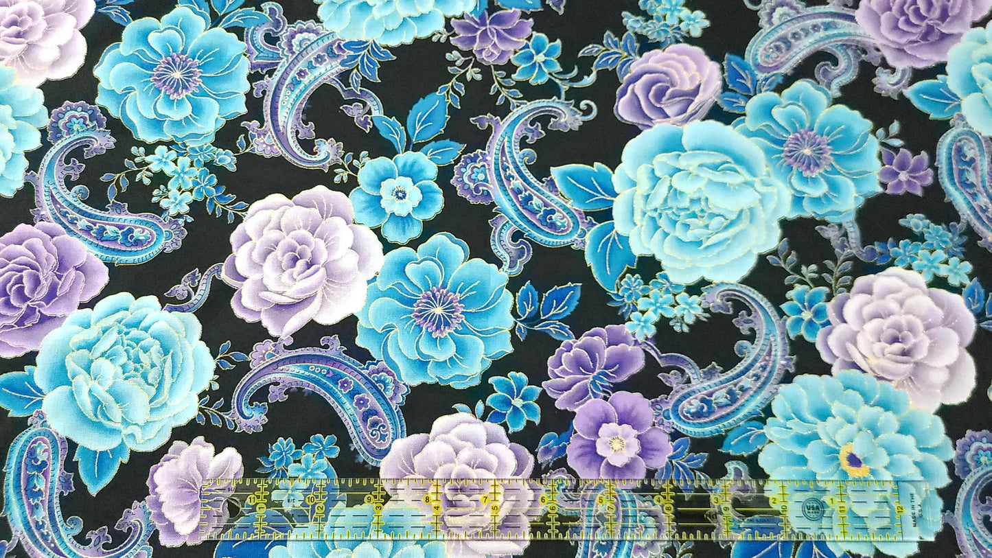 Hi Fashion Blue Metallic Multi Floral Paisley Cotton quilting apparel Fabric 100% Cotton fabric by the yard