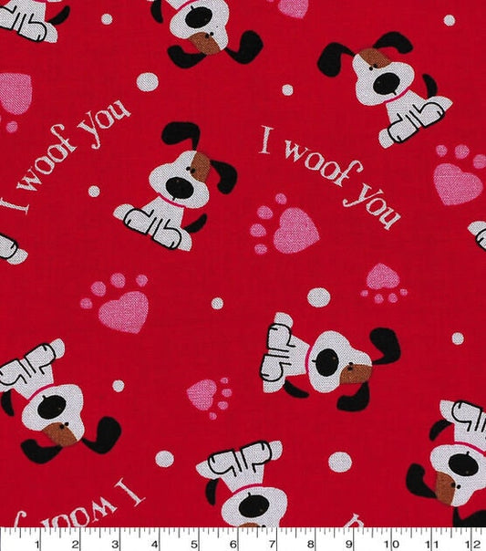 I Woof You Red Valentine's Day  100% Cotton Fabric