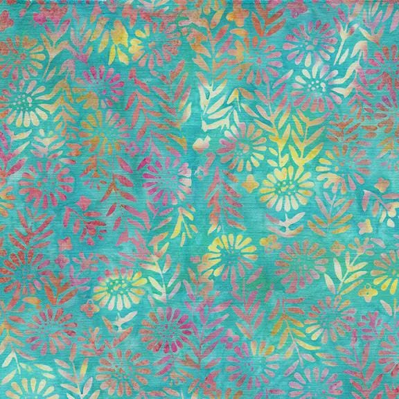 Island Batik 112312915 Flower Field-Teal Sea Glass 100% cotton floral Batik fabric