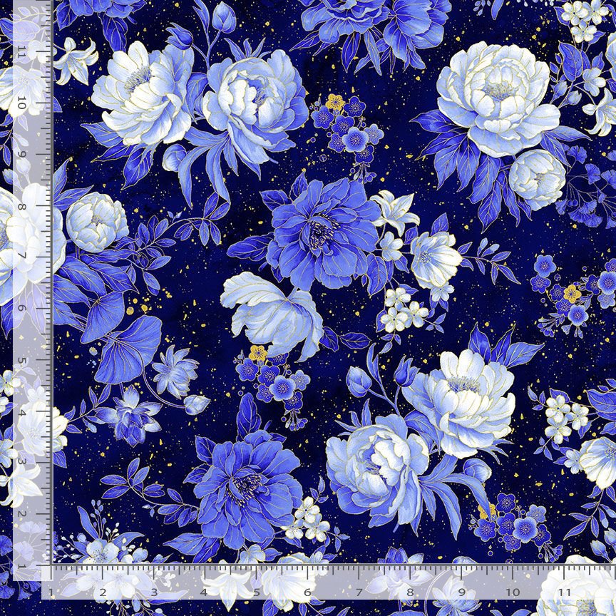 Timeless Treasures metallic Asian floral LOTUS-CM3981 NAVY by Chong-A Hwang For Collection Moonlight digital print 100% Cotton Fabric