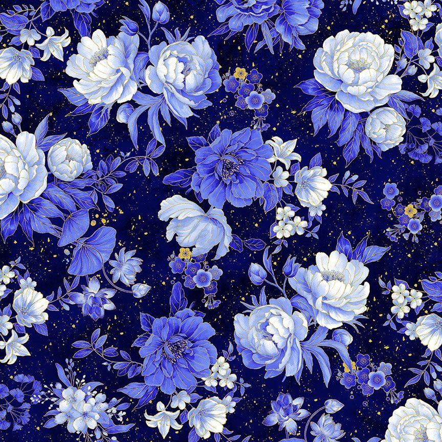 Timeless Treasures metallic Asian floral LOTUS-CM3981 NAVY by Chong-A Hwang For Collection Moonlight digital print 100% Cotton Fabric