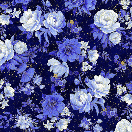 Timeless Treasures metallic Asian floral LOTUS-CM3981 NAVY by Chong-A Hwang For Collection Moonlight digital print 100% Cotton Fabric