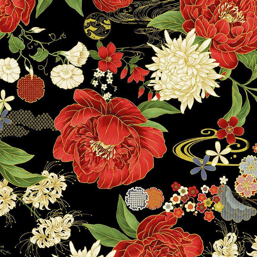 Timeless treasures Lotus Garden lotus floral metallic LOTUS-CM3661 black 100%  Cotton fabric