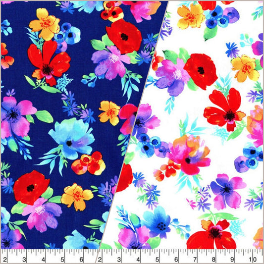 Multi Floral Blue Dark and white Premium Cotton Fabric half yard by the yard