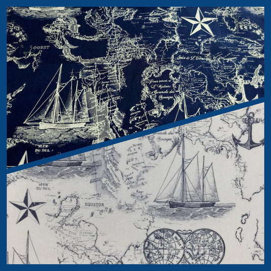 Nautical map old world map Navy white quilting  Fabric Sailor Fabric Boat Fabric 100% Cotton Fabric