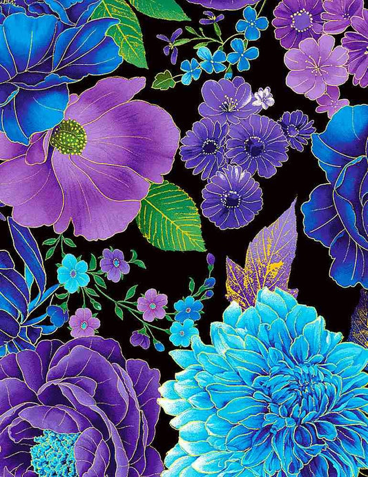 New Timeless treasure Black Utopia Blue Metallic Florals # CM1020-BLACK 100% Cotton fabric
