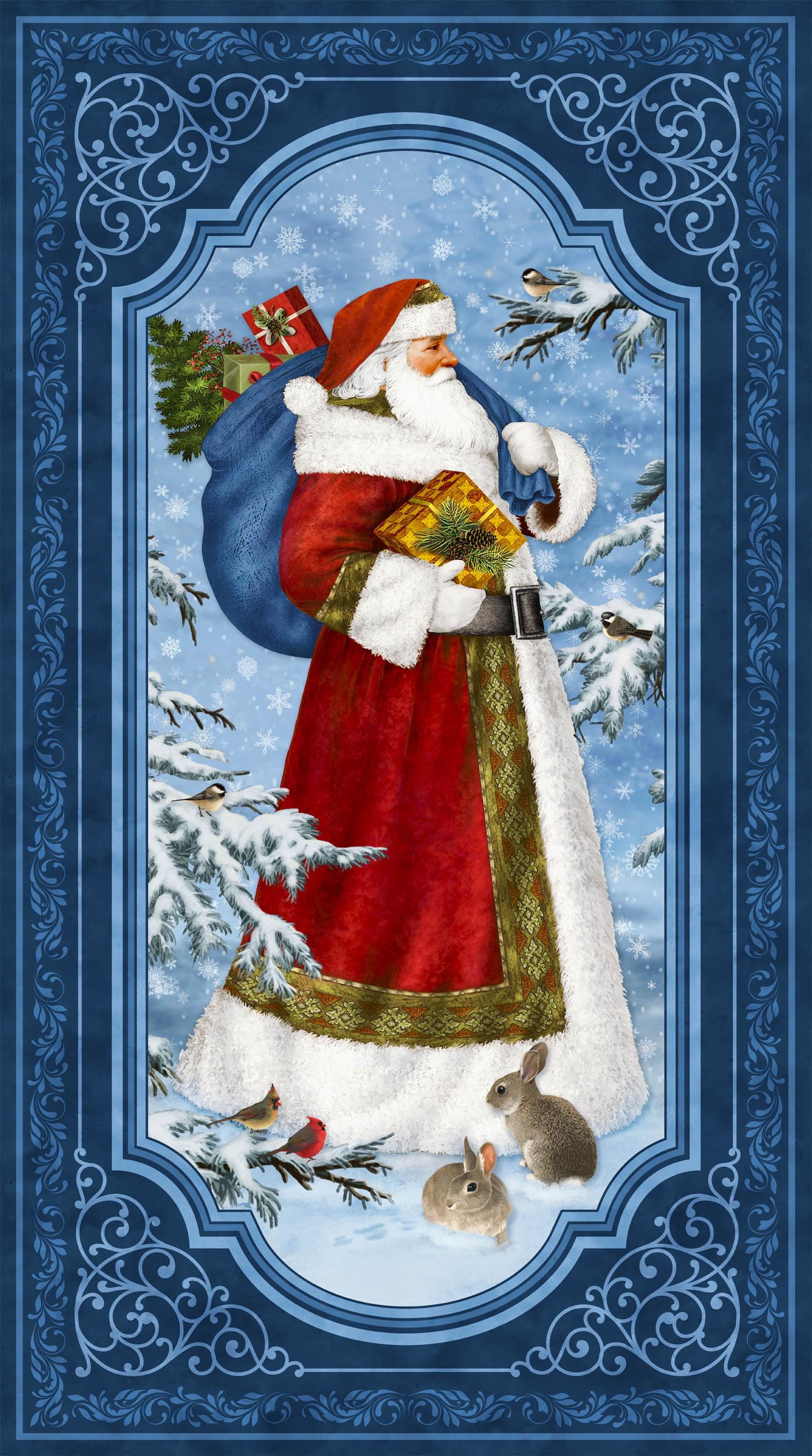 Northcott St. Nicholas Stocking Panel Dark Blue Multi Liz Goodrick-Dillon Fabric NC-C28212-48 100% Cotton canvas Fabric 24"x43"