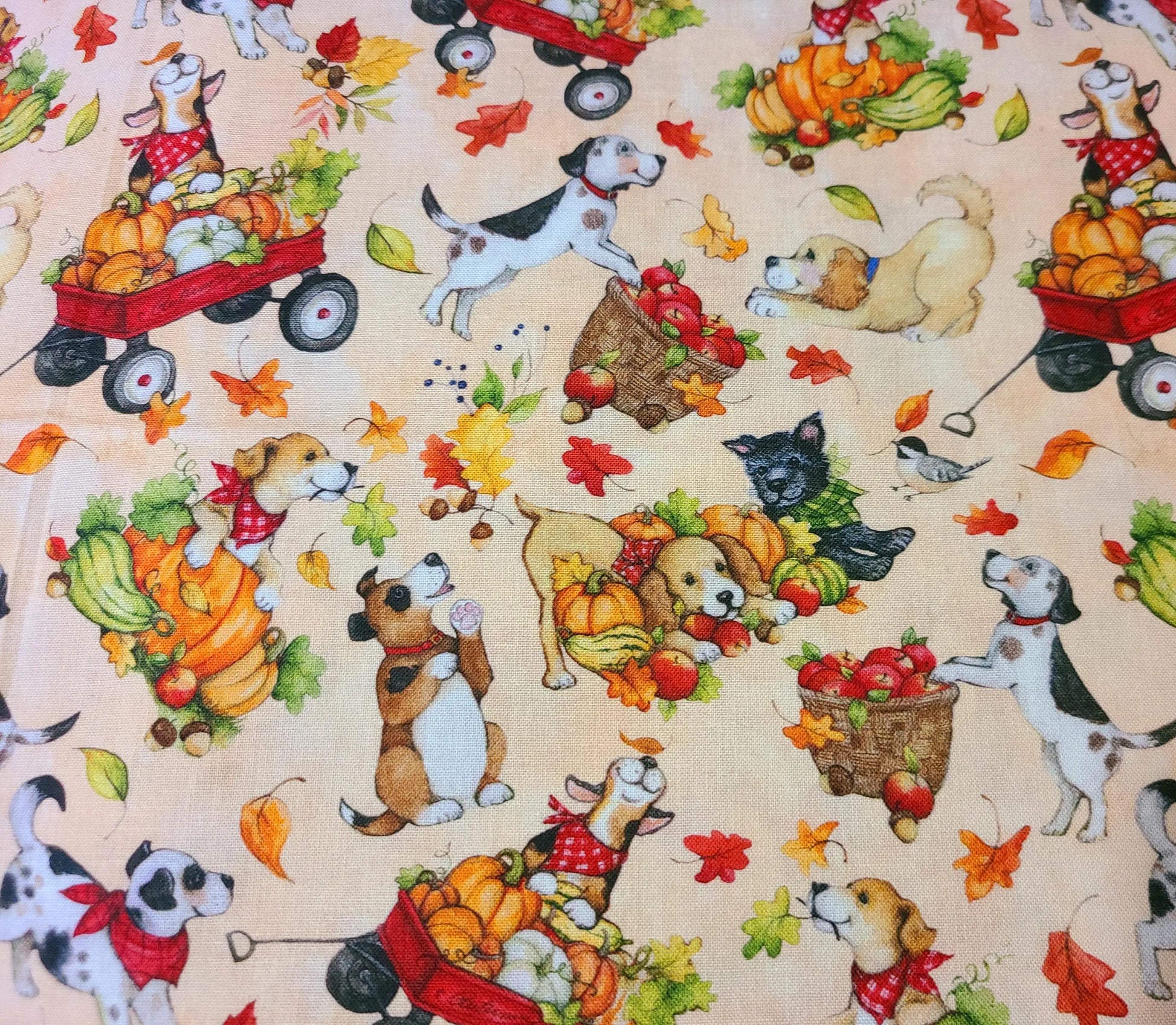 Playful Pups by Susan Winget from Springs Creative fall theme cute puppies pumpkins leaves and wagons 100% cotton fabric