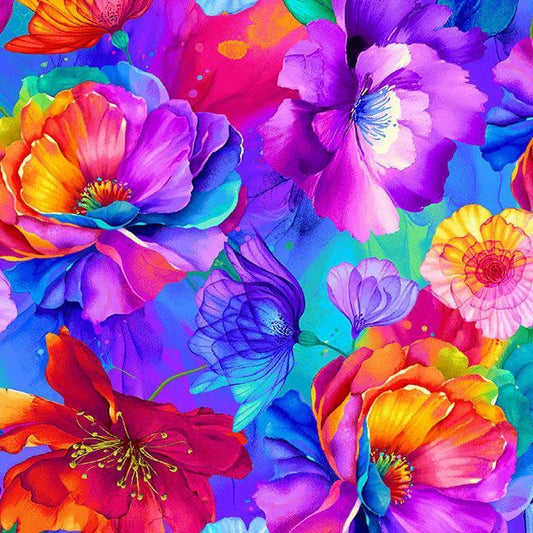 Colorful floral pattern with vibrant flowers on a blue background