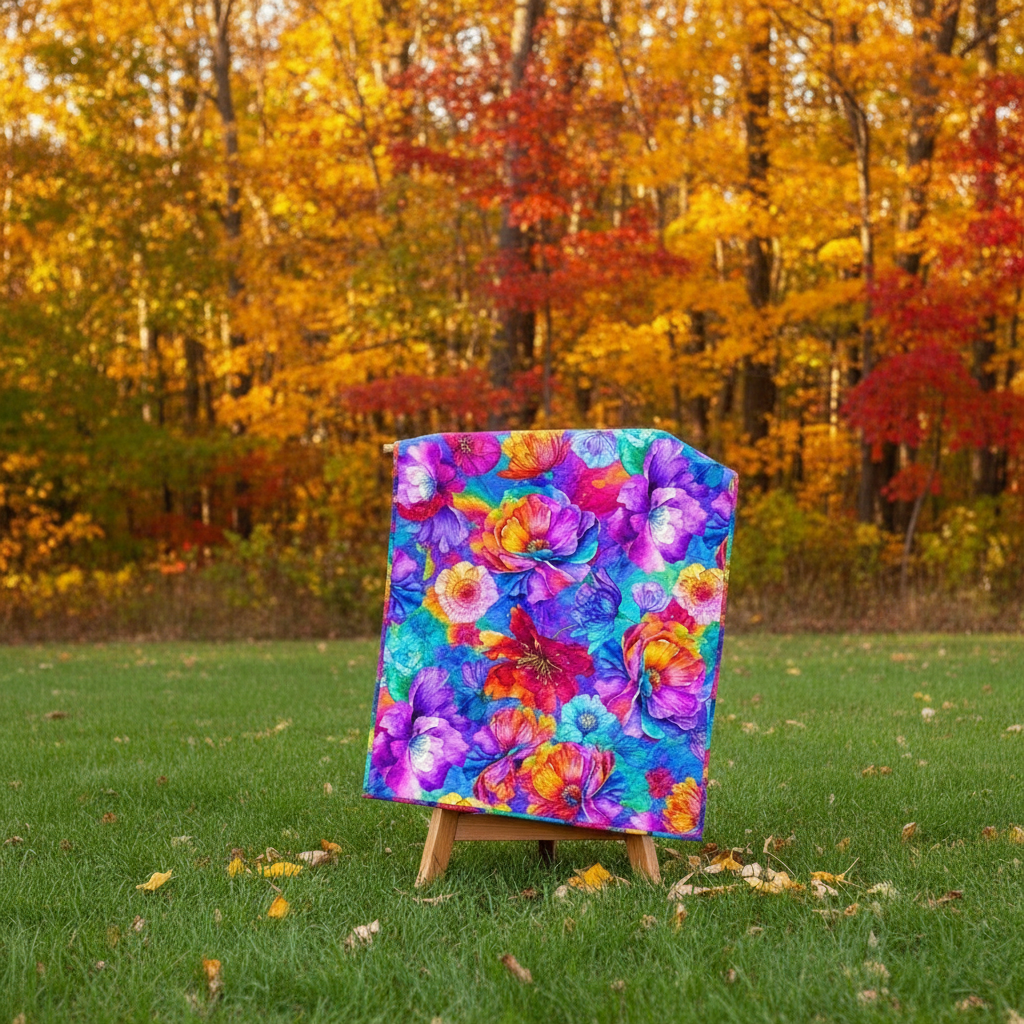 Colorful floral quilt on an easel in a grassy area with autumn trees in the background
