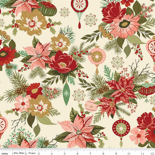 Riley Blake Glisten Main Eggnog C16220 poinsettia floral by Sandy Gervais for Christmas quilting apparel home decor 100% cotton fabric