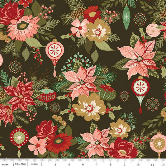 Riley Blake Glisten Main Mocha C16220-MOCHA poinsettia floral by Sandy Gervais for Christmas quilting apparel home decor 100% cotton fabric