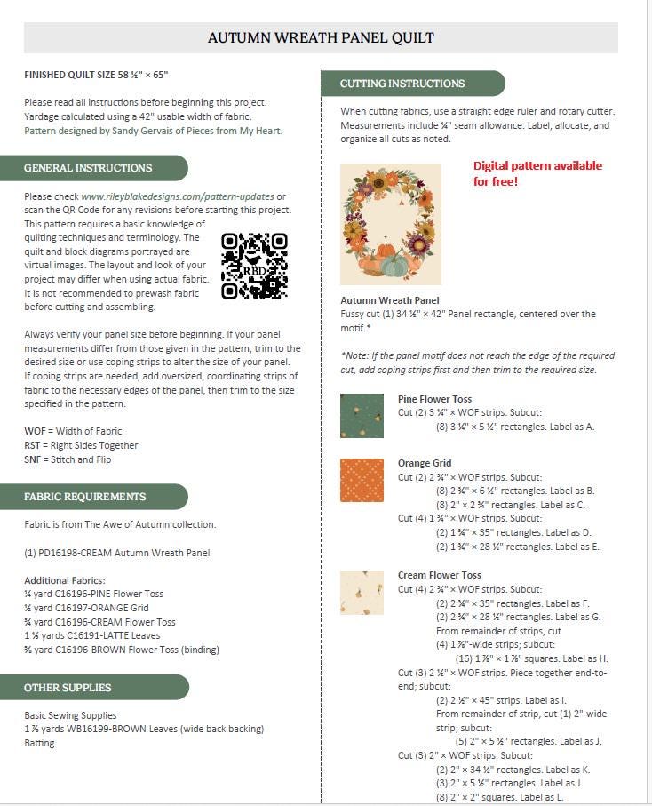 Riley Blake The Awe of Autumn Autumn Wreath Panel  PD16198-BROWN PANEL 100% Cotton Fabric 35 1/2" x 43" free PDF pattern
