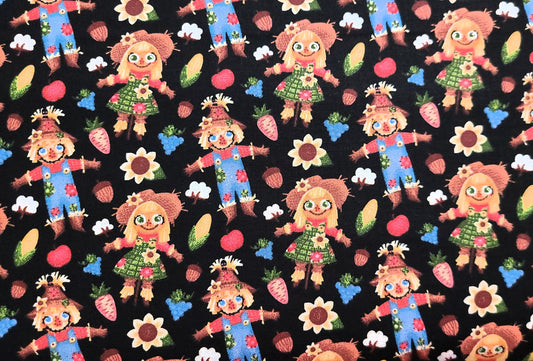 Thanksgiving Harvest fabric scarecrows on black 100% Cotton fall friends fall theme