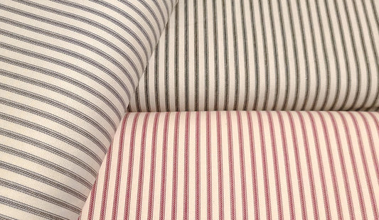 Ticking Stripe black, blue, and red 100% cotton 1/4 inch repeat 54" width
