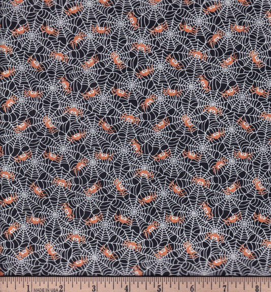 Hi Fashion Halloween CD2275 Black - Lil Spiders & Webs 100% Cotton Fabric