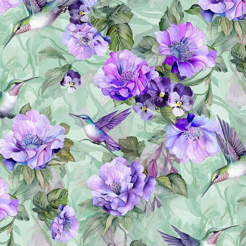 Timeless Treasures hummingbirds floral FLEUR-CD3500 SAGE from collection Garden Delight 44/45" inches 100% Cotton Fabric