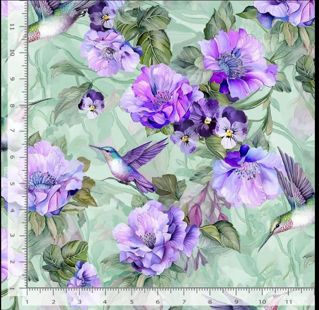 Timeless Treasures hummingbirds floral FLEUR-CD3500 SAGE from collection Garden Delight 44/45" inches 100% Cotton Fabric