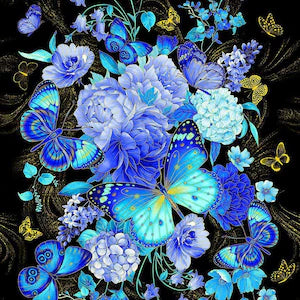 Timeless Treasures metallic butterfly panel 24" Panel-CM3790 Black by Chong-A Hwang for collection Escapade 100% cotton