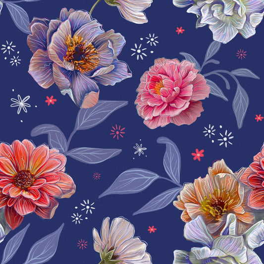 Visions midnight blooms on navy from Paintbrush Studio Fabric PSF120-23627 100 percent cotton OEKO-TEX certified fabric