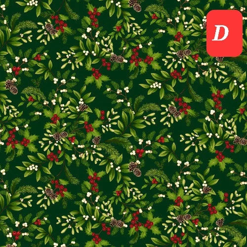 Winter Garden Henry Glass Christmas holly mistletoe poinsettias snowflakes cardinals 100% Cotton Fabric fat quarter half & one yard