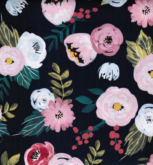 Wispy Rose and Mum on Navy 100% Cotton Fabric Quilt Fabric, Apparel Fabric