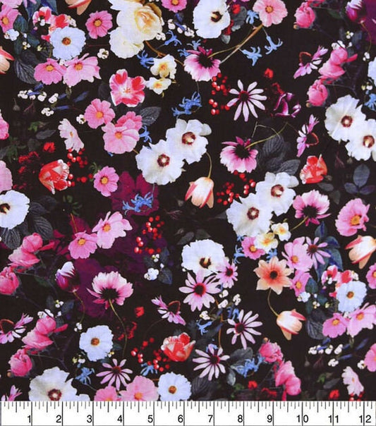 Wonderous Winter Pink White Purple Floral on black Premium Cotton FabricPremium Cotton Fabric 100% Cotton