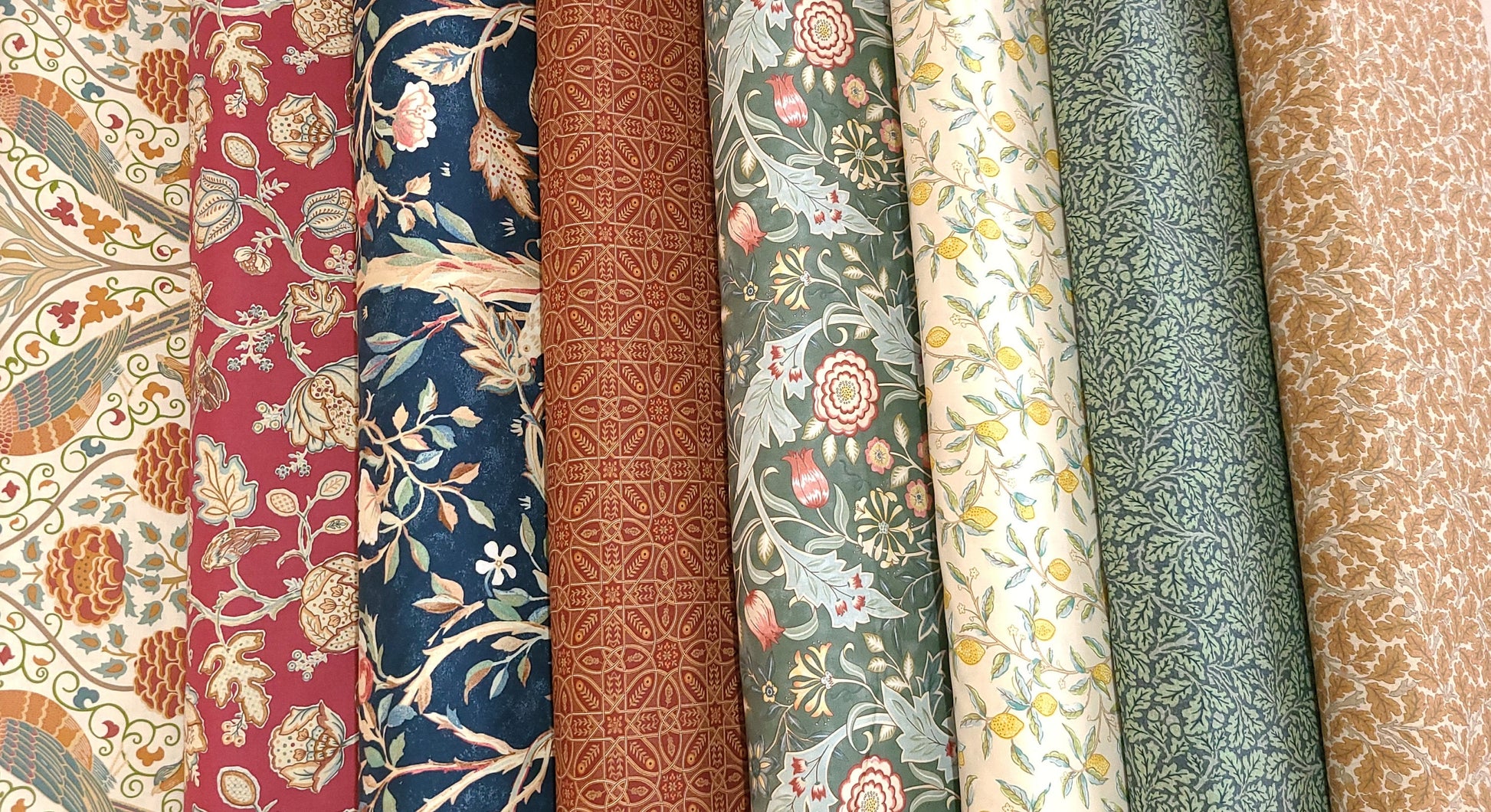 Orkney collection by The Original Morris & Co. Melsetter Indigo Theodesia Wilhemina Brophy Trellis Seasons lemon tree 100% Cotton