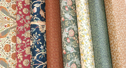 Orkney collection by The Original Morris & Co. Melsetter Indigo Theodesia Wilhemina Brophy Trellis Seasons lemon tree 100% Cotton
