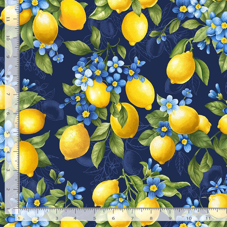 Timeless Treasures LEMON BOUQUET FRUIT-CD3442  navy collection Limoncello digital print 100% Cotton Fabric