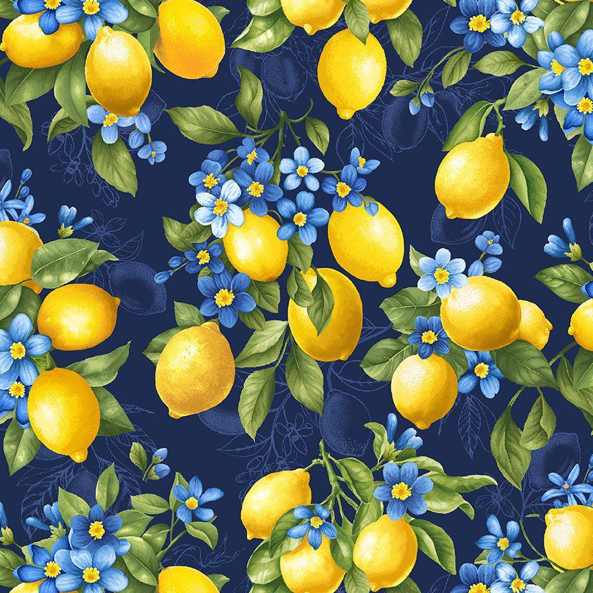 Timeless Treasures LEMON BOUQUET FRUIT-CD3442  navy collection Limoncello digital print 100% Cotton Fabric