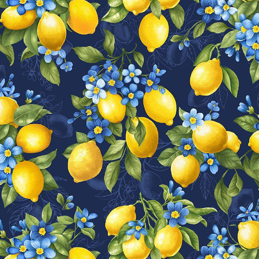 Timeless Treasures LEMON BOUQUET FRUIT-CD3442  navy collection Limoncello digital print 100% Cotton Fabric