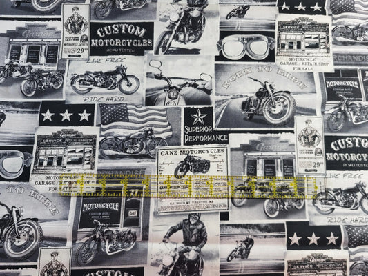 Timeless treasures Packed Vintage Motorcycle Signs ERA-C 3646 100% Cotton fabric
