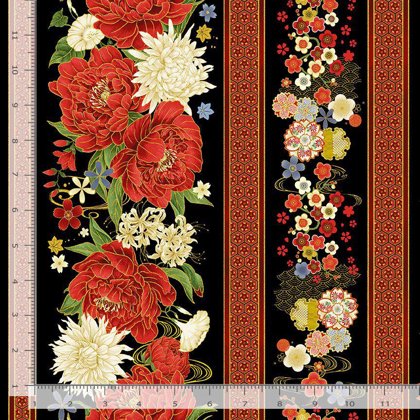 Timeless treasures Lotus Garden 11" stripes met LOTUS-CM3662  black 100%  Cotton fabric
