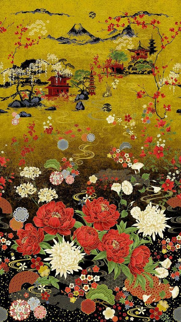 Timeless Treasures Lotus Garden metallic panel 24" PANEL-CM3660 multi 100% cotton