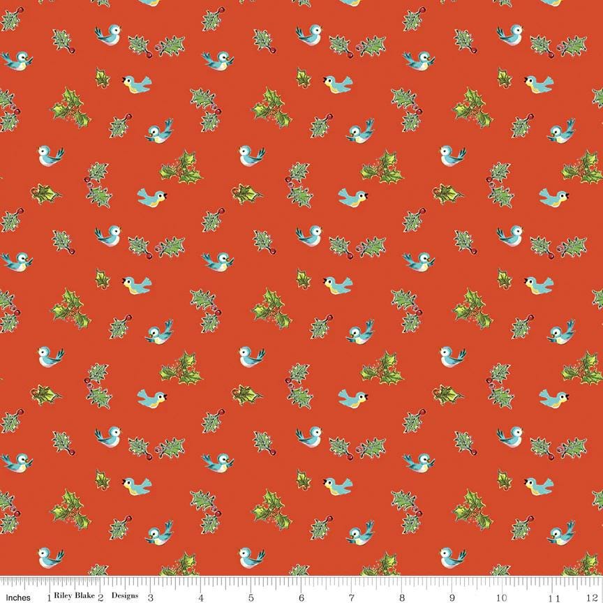 Riley Blake Jingle Bells Holly Birds Red by Lindsay Wilkes C14835-RED for Christmas quilting apparel home decor 100% cotton fabric