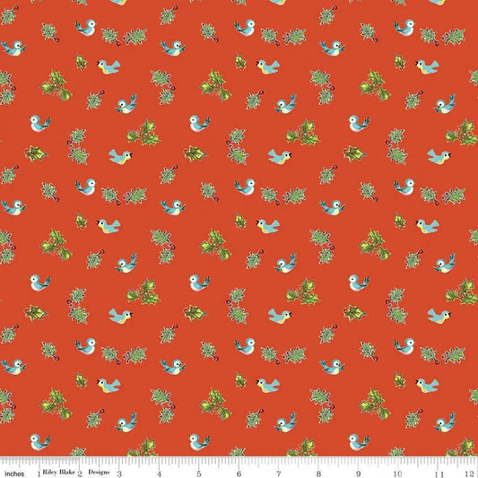 Riley Blake Jingle Bells Holly Birds Red by Lindsay Wilkes C14835-RED for Christmas quilting apparel home decor 100% cotton fabric